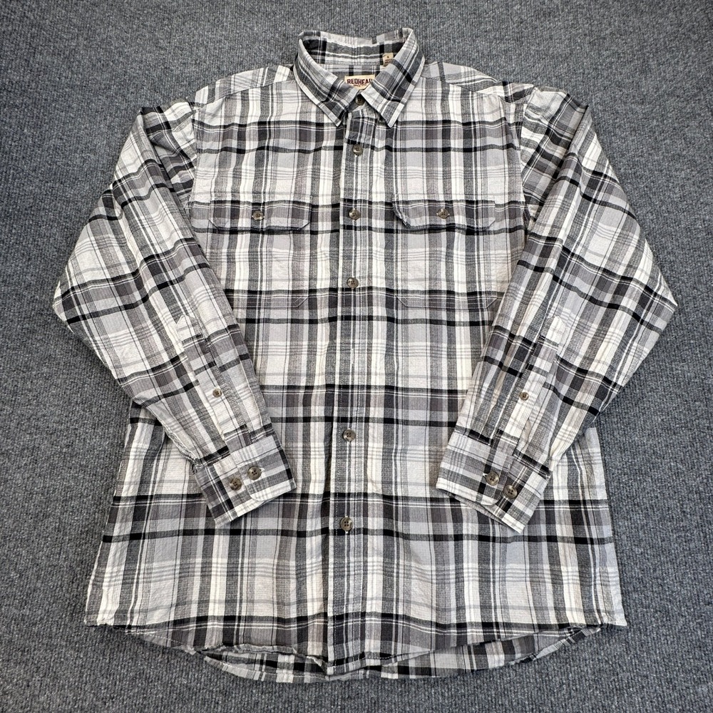 RedHead Plaid Button Up Shirt Mens Large Gray Black Long Sleeve Cotton Workwear - Picture 2 of 9